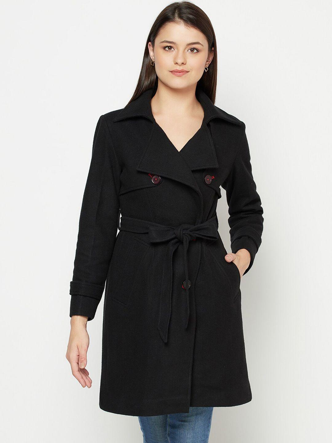 owncraft women black solid single-breasted overcoat