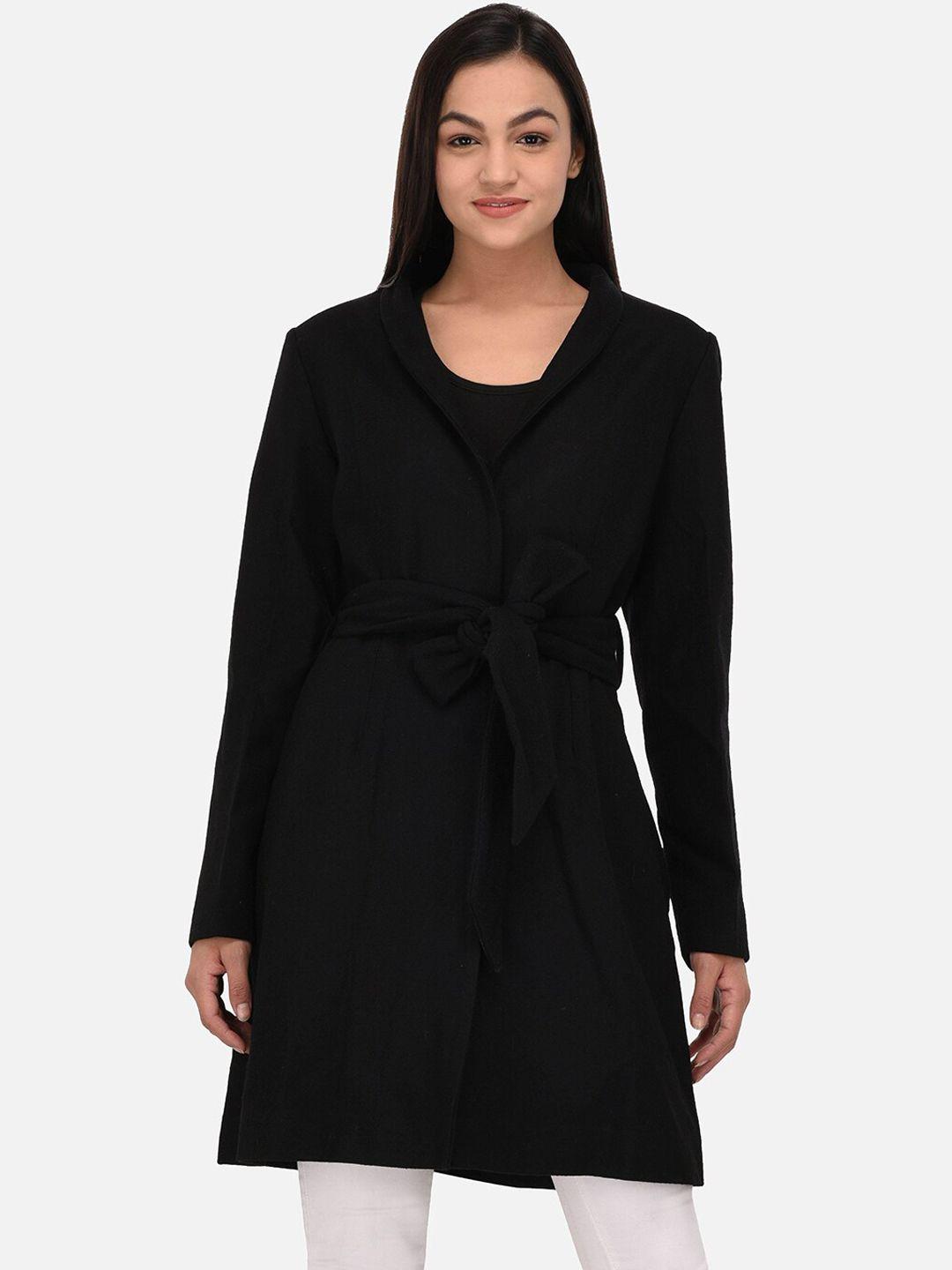 owncraft women black solid woollen overcoat with belt
