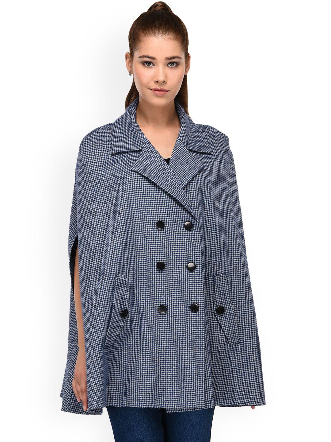 owncraft women blue checked wollen cape jacket