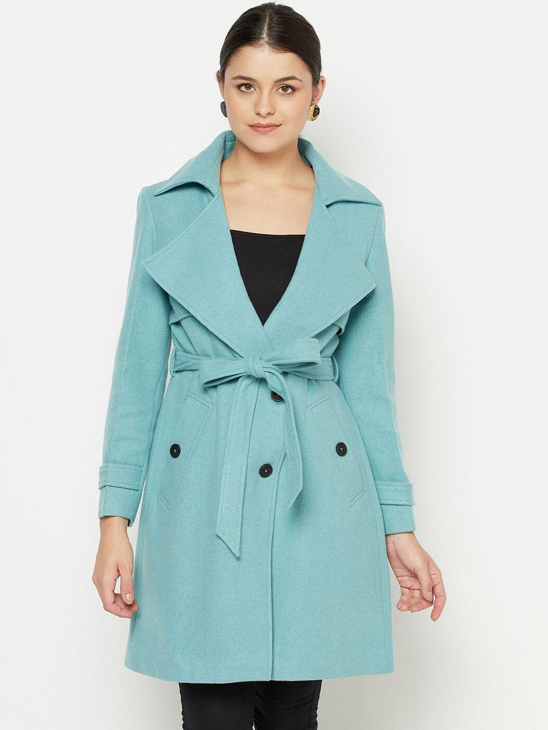 owncraft women blue solid single-breasted wool overcoat