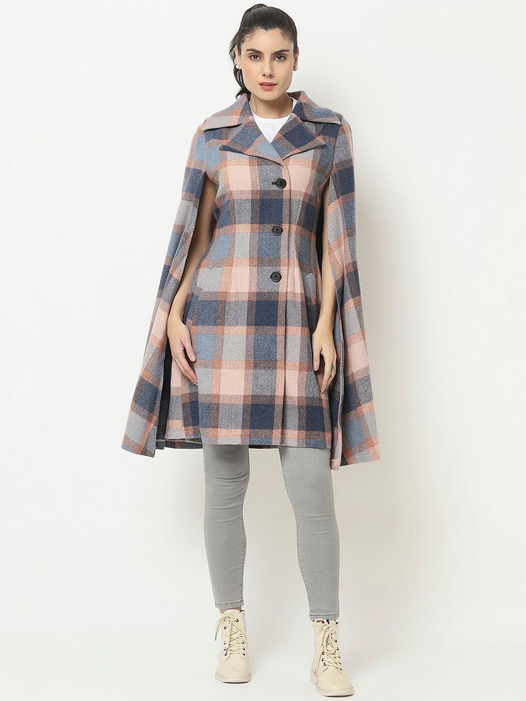 owncraft women grey & blue checked winter overcoat