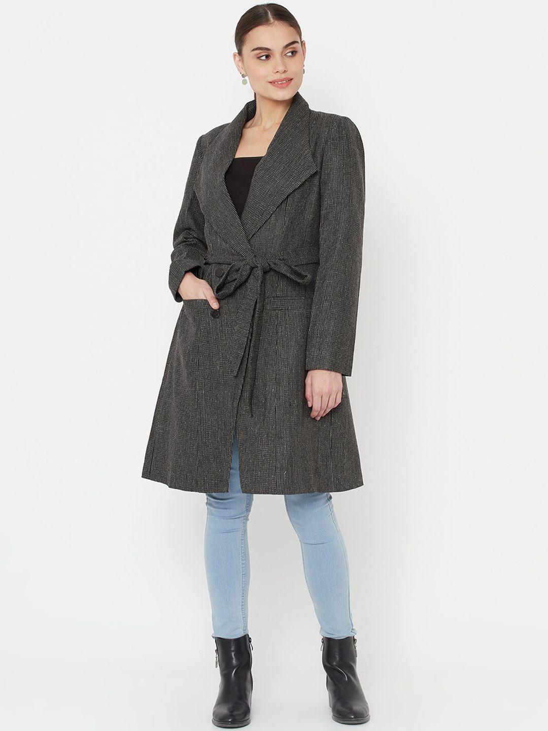 owncraft women grey striped woollen winter wrap coat