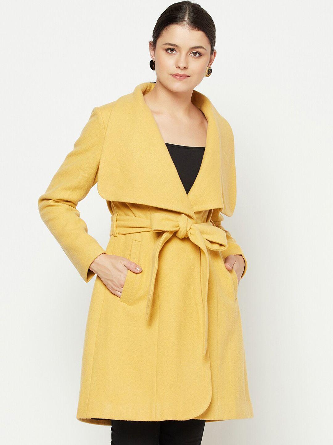 owncraft women mustard-yellow solid wool overcoat