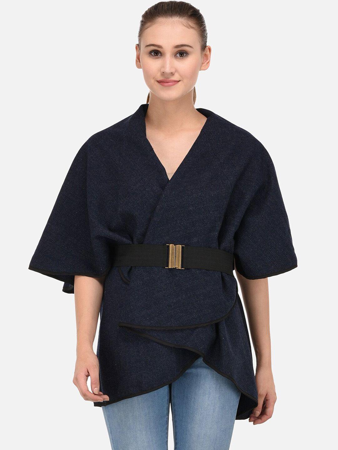 owncraft women navy blue self design woollen overcoat with belt