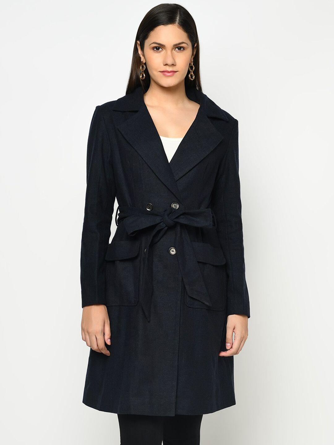 owncraft women navy blue solid single-breasted woolen overcoat