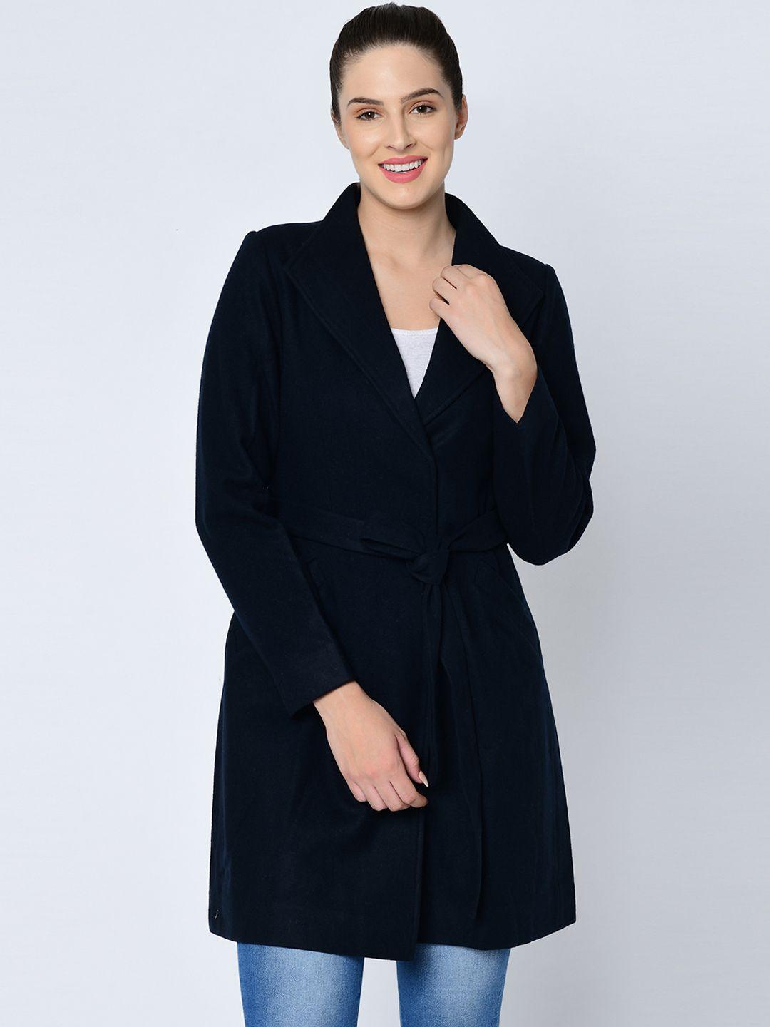 owncraft women navy blue solid wool overcoat