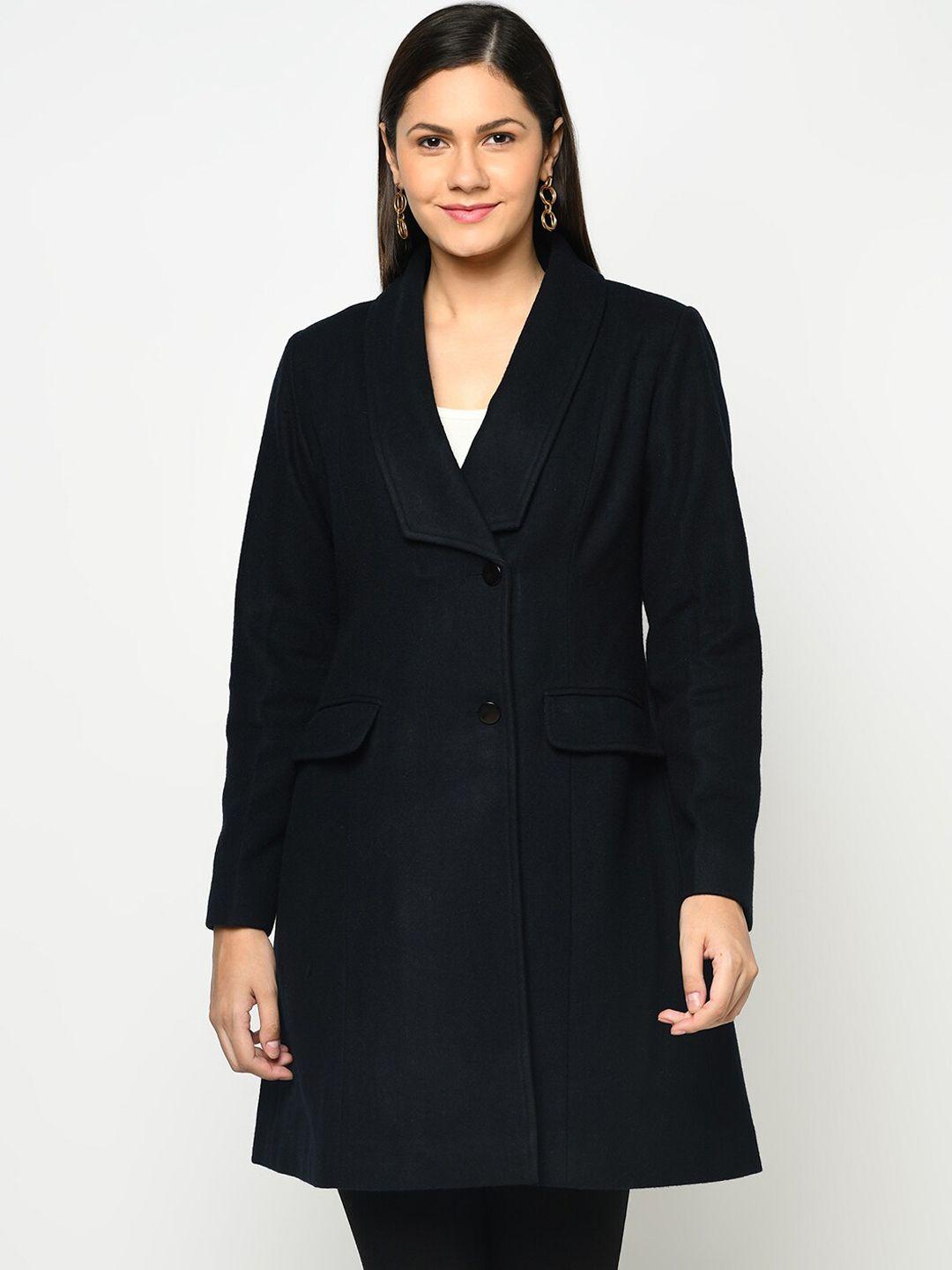 owncraft women navy blue solid woolen overcoat