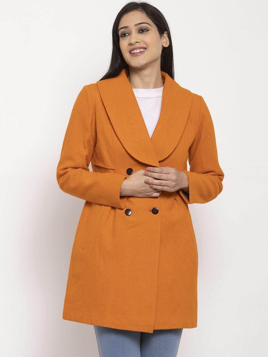 owncraft women orange solid longline pea coat