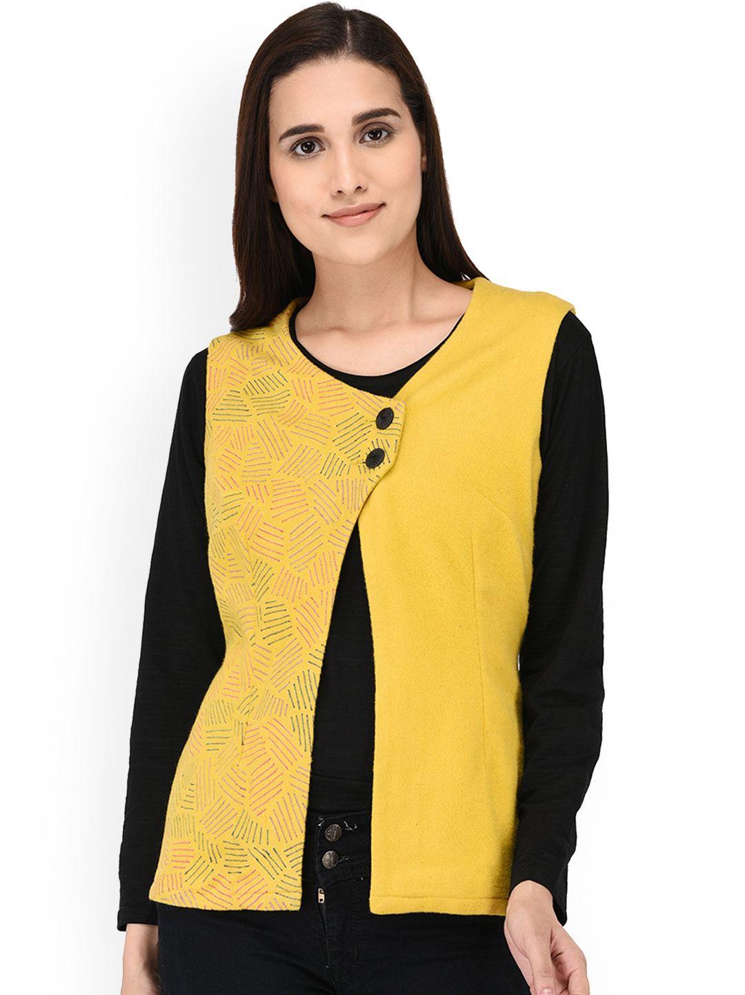 owncraft women yellow self design woollen tailored jacket