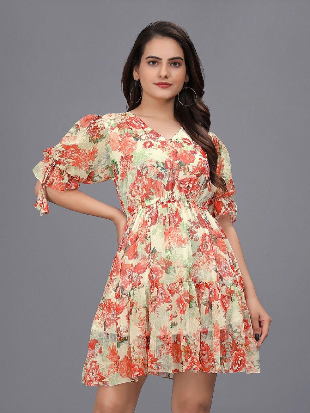 owo the label floral printed v-neck puff sleeve georgette fit & flare dress
