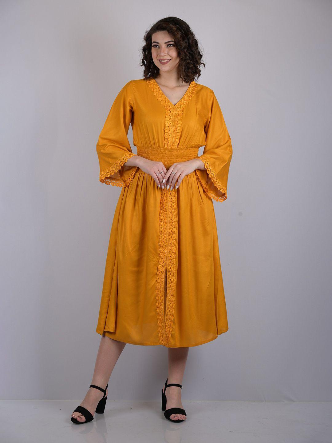 owo the label mustard yellow a-line midi dress