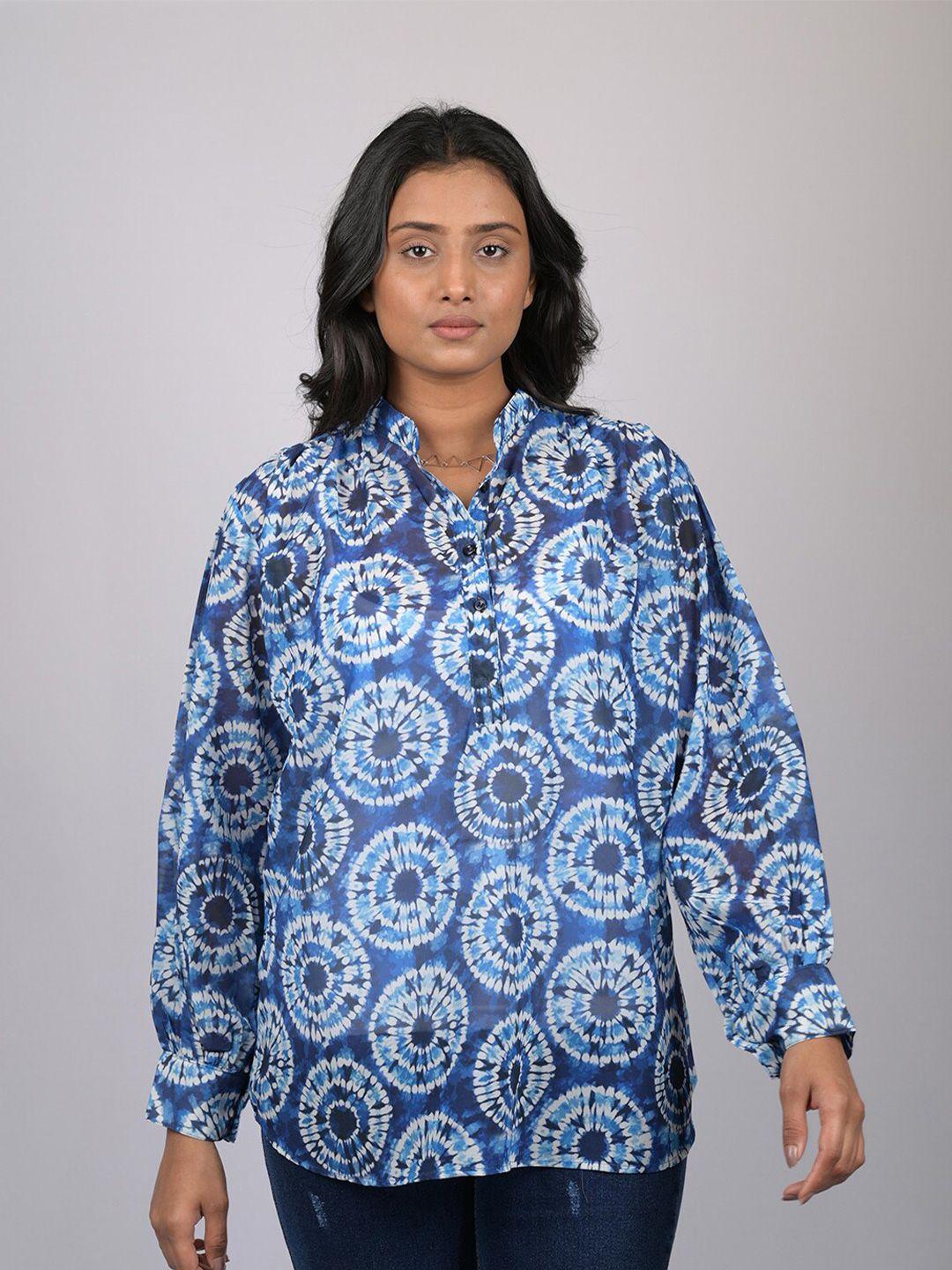 owo the label women blue print mandarin collar chiffon shirt style top
