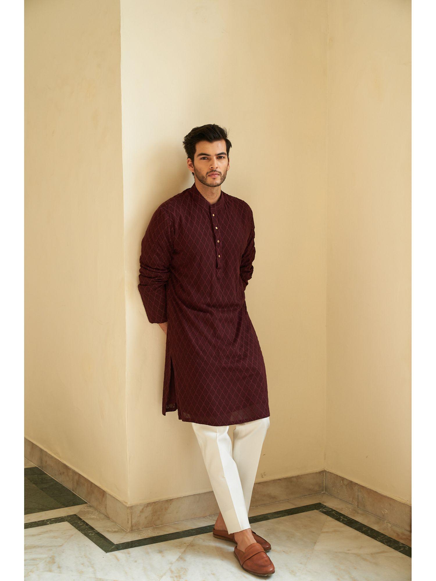 ox blood chikankari kurta with pant (set of 2)