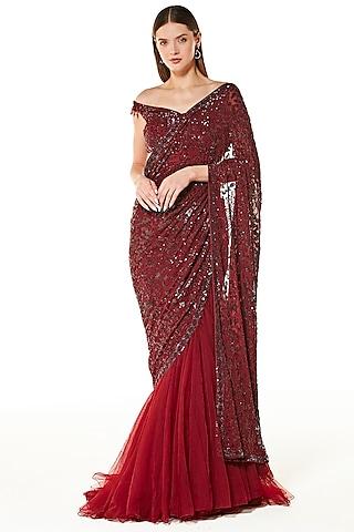 ox blood georgette & net sequins hand embroidered lehenga saree set