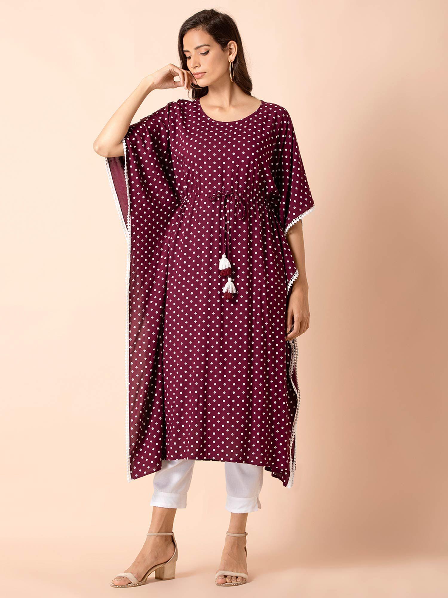 oxblood bandhani kaftan tunic