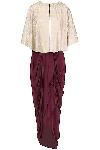 oxblood dhoti and bustier with beige cape