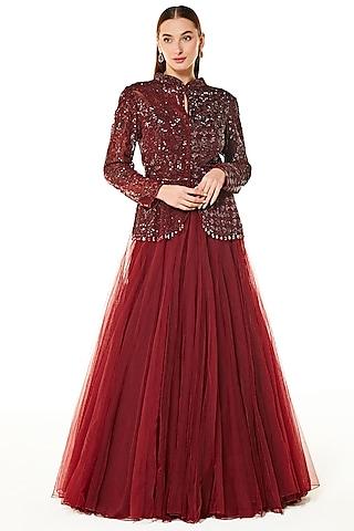 oxblood net embroidered jacket lehenga set