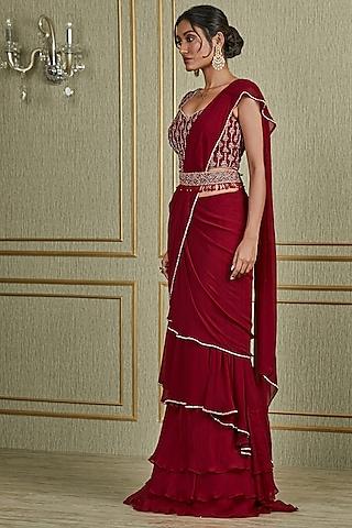 oxblood red hand embroidered saree set with belt