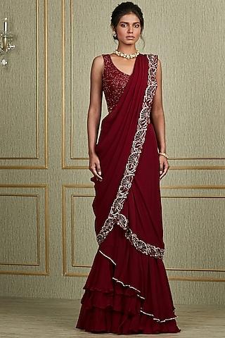 oxblood red hand embroidered saree set