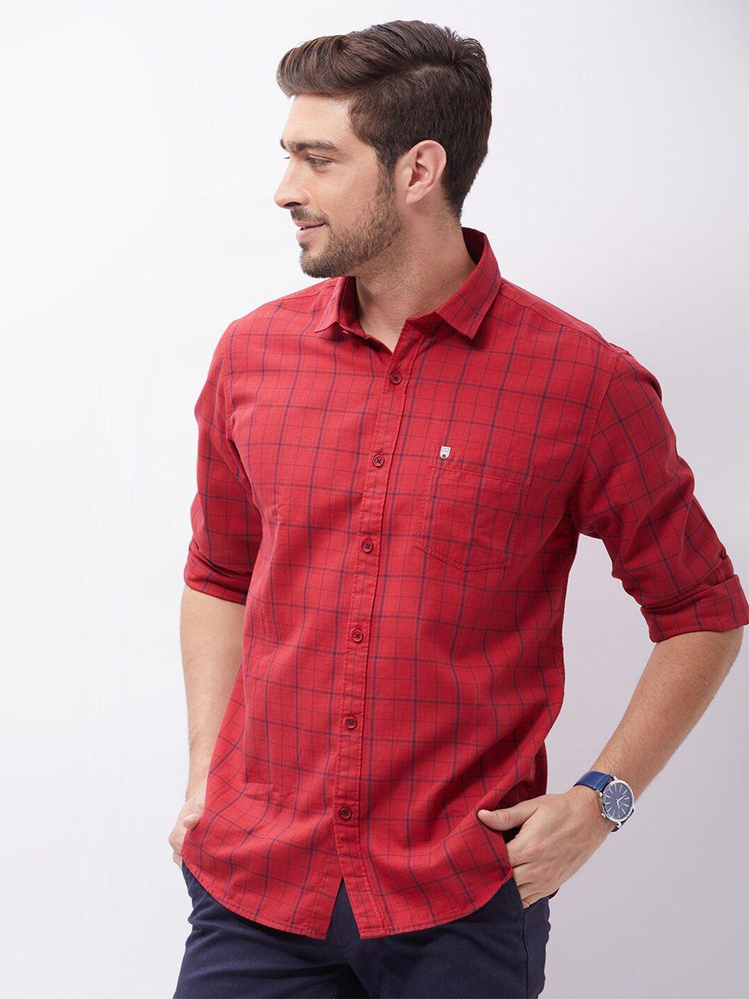 oxemberg men red & blue classic slim fit windowpane checks checked cotton casual shirt