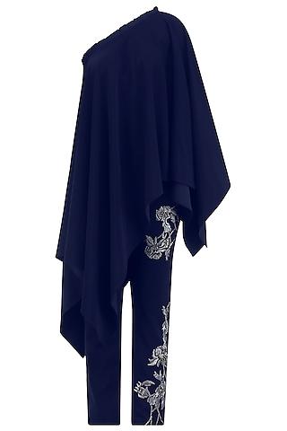 oxford blue asymmetrical top with embroidered pants