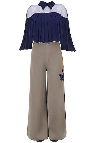 oxford blue collared pleated top and cowled pants set