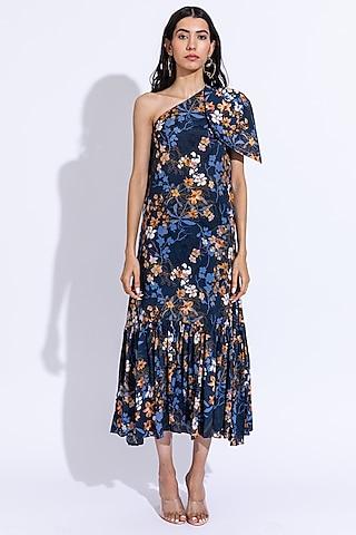 oxford blue cotton silk printed one-shoulder tiered dress