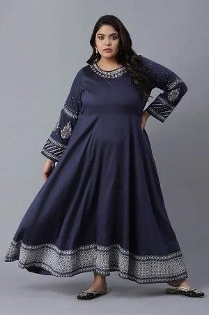 oxford blue embroidered kalidar flared dress