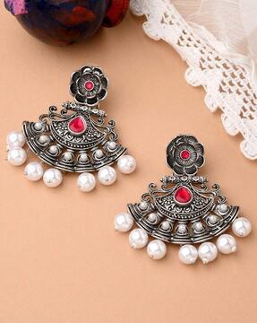 oxidised floral danglers with pearl drops