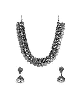 oxidised coins lakshmi choker necklace & earrings set