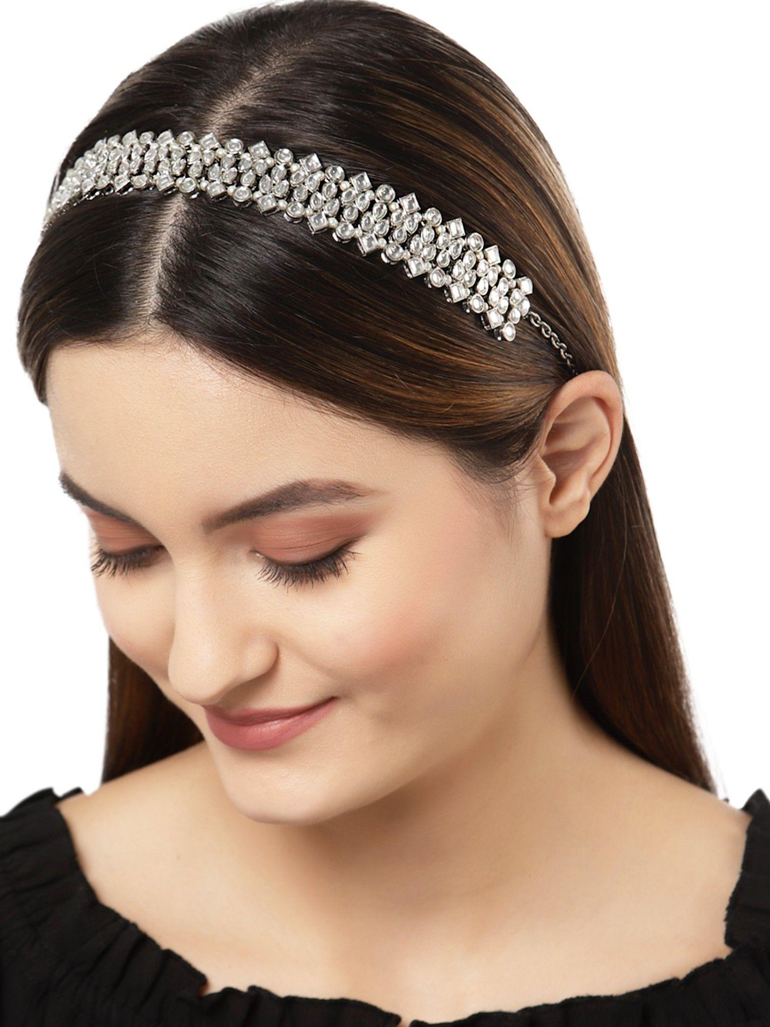 oxidised silver embellished white kundan hairband for women