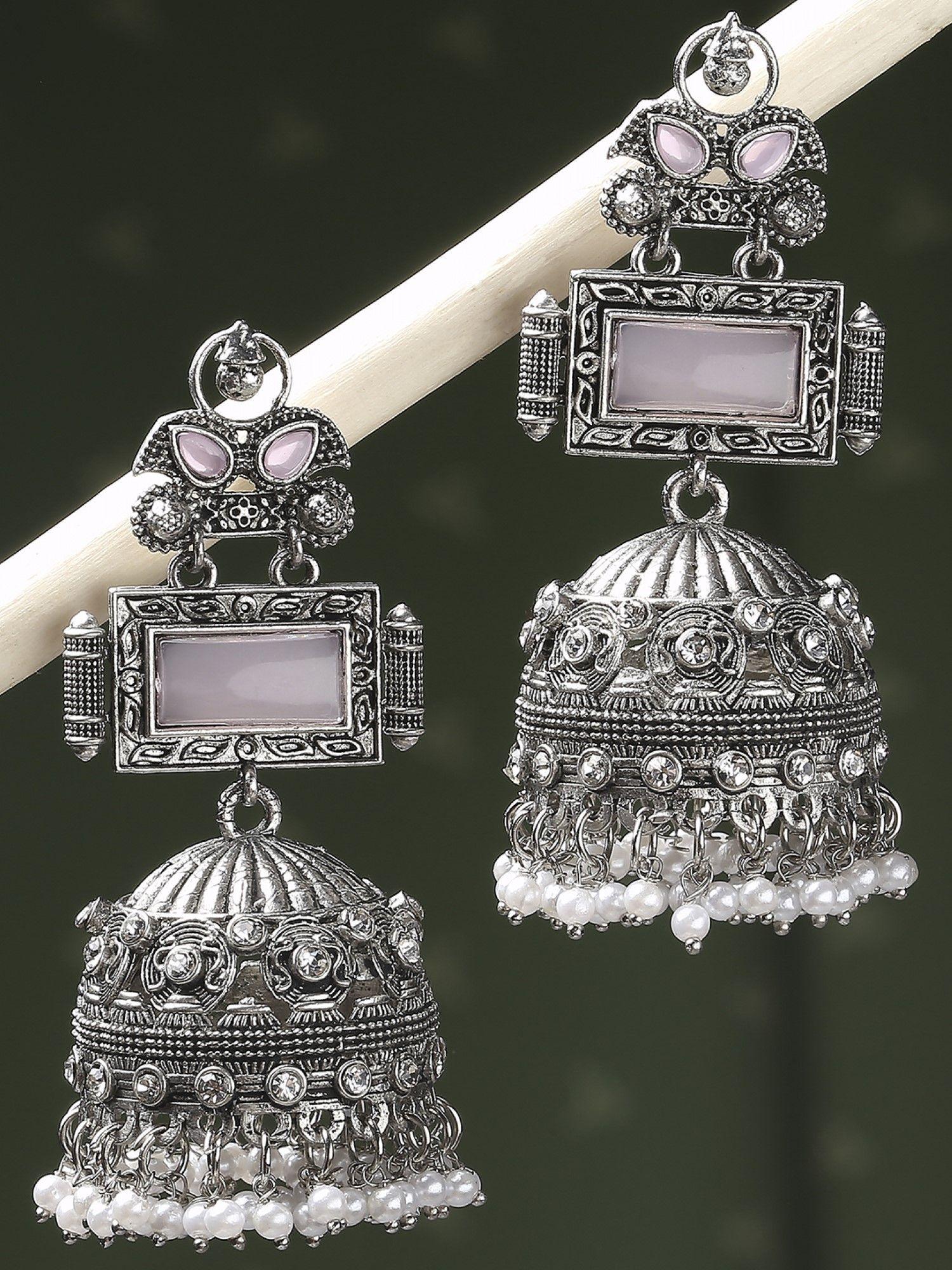 oxidised silver jhumka earrings-pink opal moonstone