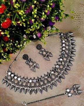 oxidised silver necklace & earrings set with maangtika