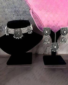 oxidised silver-plated necklace & earrings set with maangtika