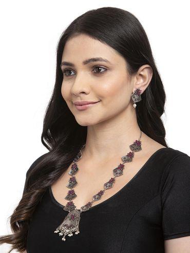 oxidised silver plated pink stone studded handcrafted jewellery set