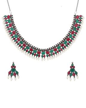 oxidised stone-studded choker necklace & earrings set