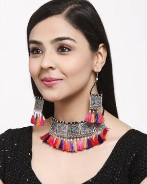 oxidised stone-studded necklace & earrings set
