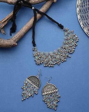 oxidised stone-studded necklace & earrings set