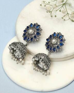 oxidised stone-studded pearl jhumka earrings
