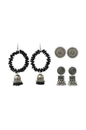 oxidized silver toned ghungroo & rhinestone studded earrings - set of 3