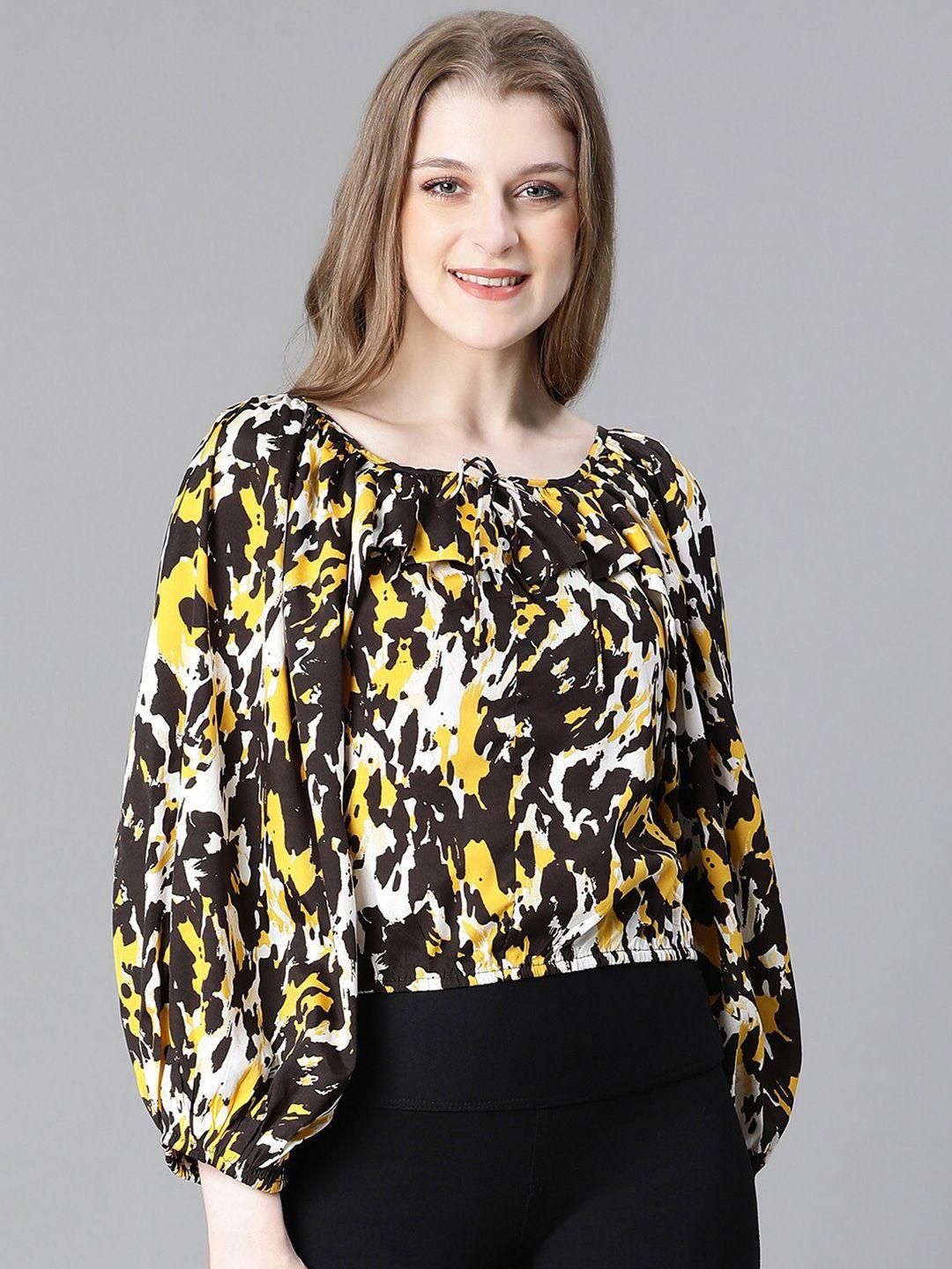 oxolloxo abstract printed tie up neck puff sleeves top