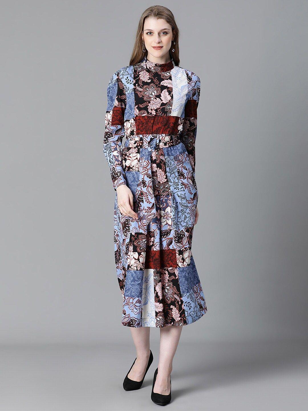 oxolloxo ethnic motifs printed high neck cuffed sleeve belted a-line dress