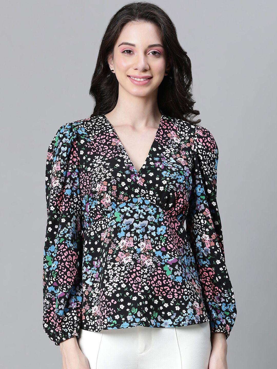 oxolloxo floral print puff sleeves crepe blouson top