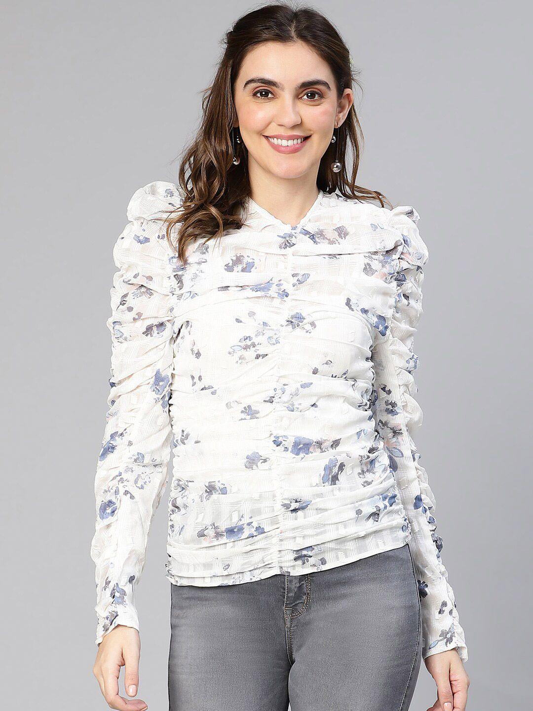 oxolloxo floral printed ruched puff sleeves top