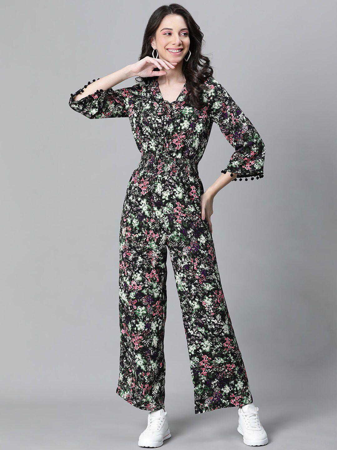 oxolloxo floral printed v-neck pom pom lace smocked jumpsuit