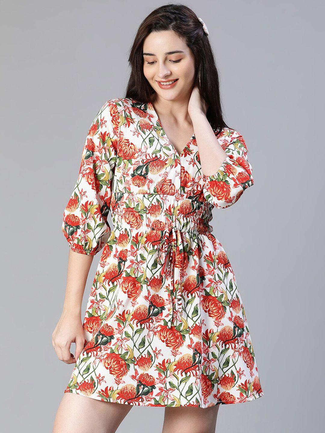 oxolloxo floral printed v-neck puff sleeves fit & flare mini dress