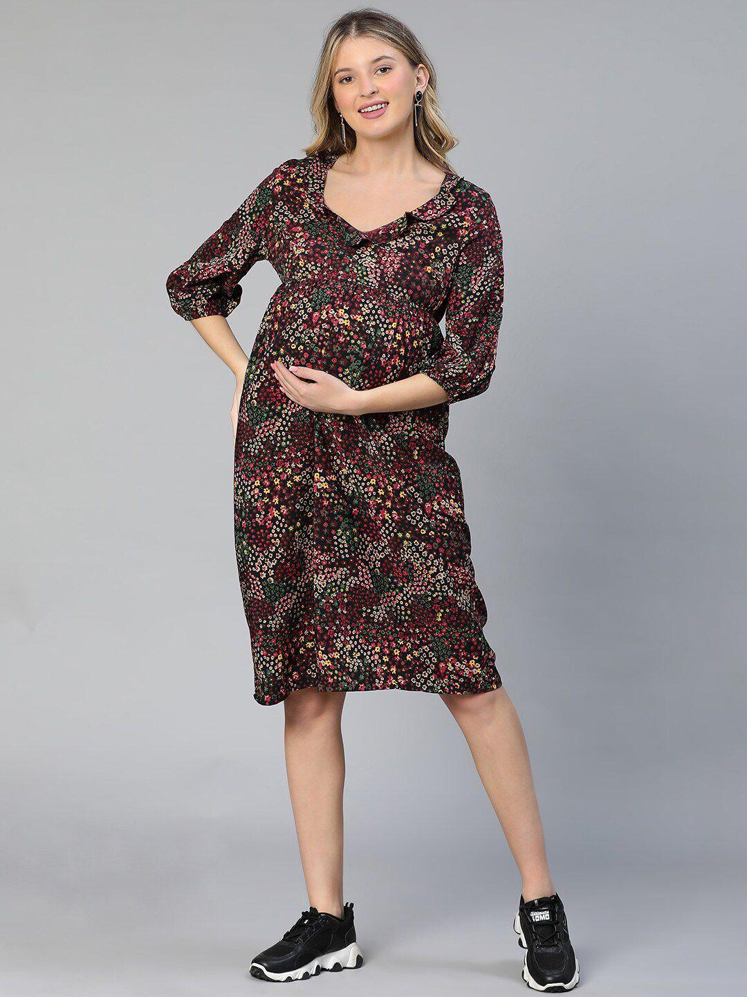 oxolloxo floral printed v-neck ruffled crepe maternity a-line dress