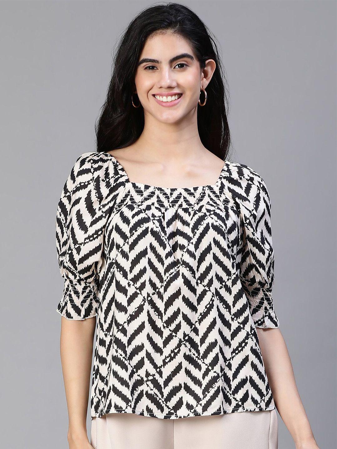 oxolloxo geometric printed square neck puff sleeve smocked top