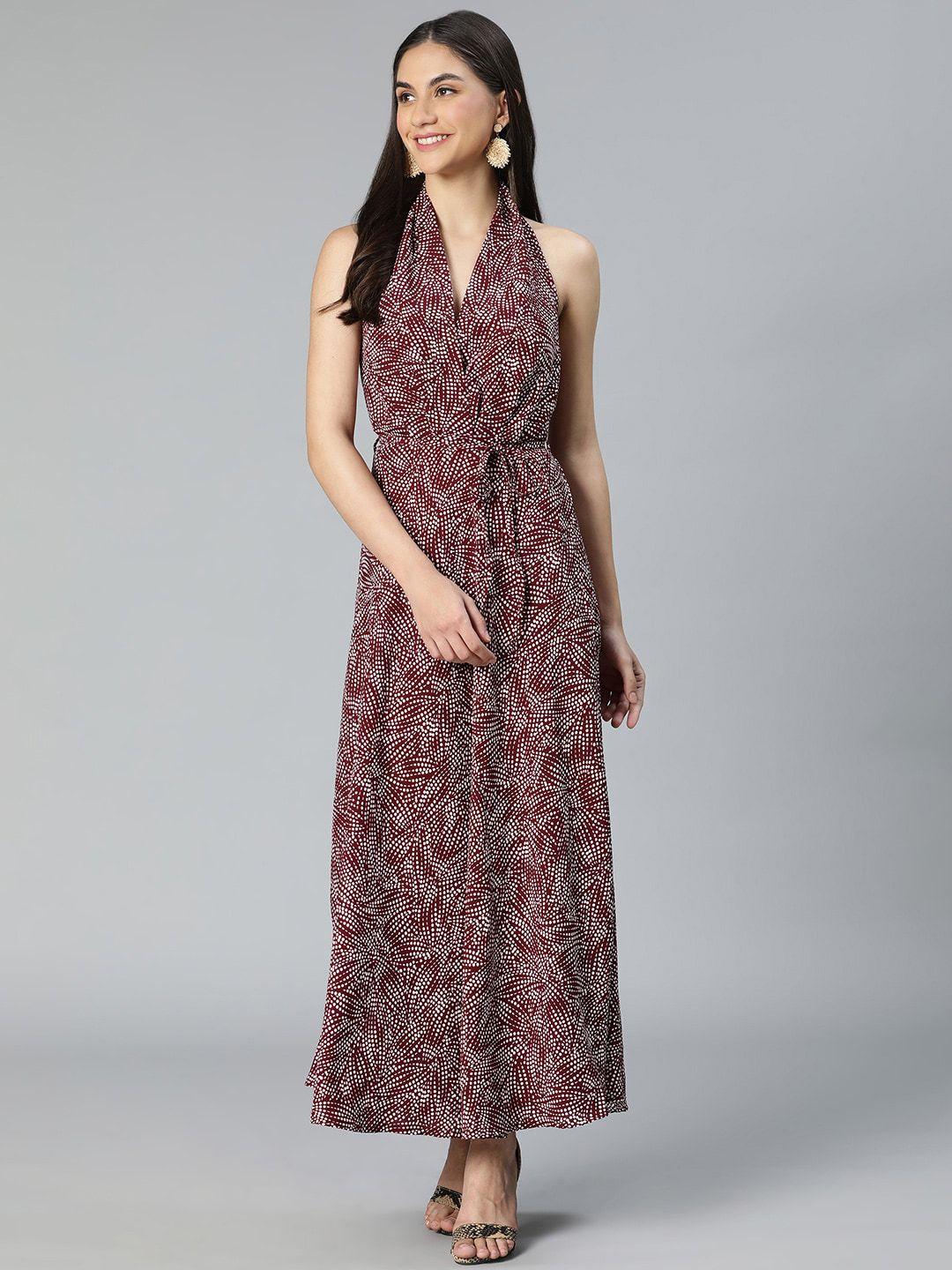 oxolloxo maroon floral tie-up neck maxi dress