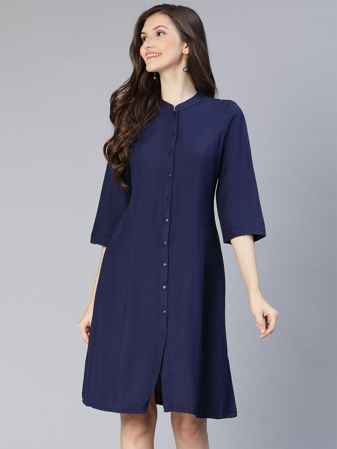 oxolloxo-navy-blue-solid-button-down-shirt-dress
